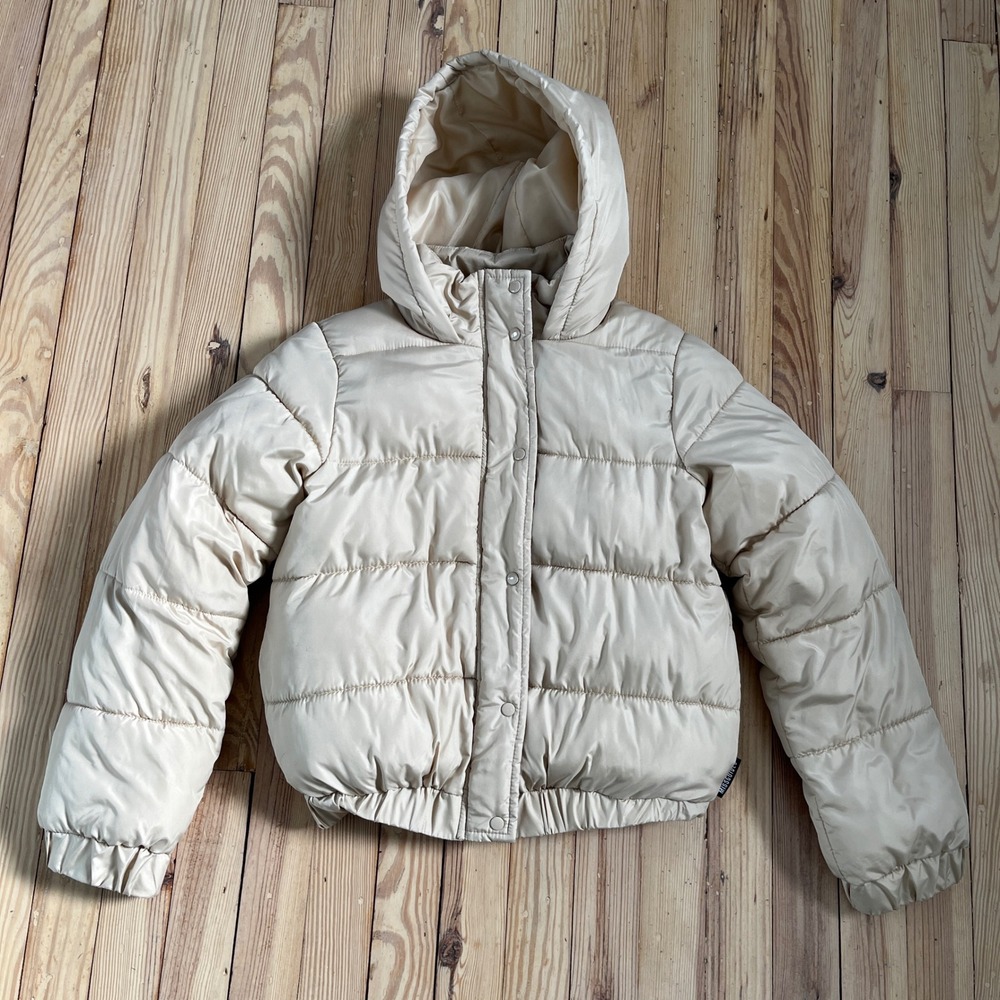 MISSGUIDED Cream Puffer Jacket Hooded Cropped Quilted Zip Snap Button Women sz 2